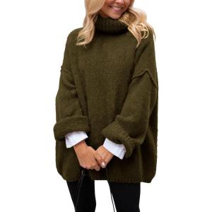 imagePRETTYGARDEN Womens Knit Oversized Sweater Fall Fashion 2024 Casual Long Sleeve Turtleneck Loose Chunky Pullover TopsArmy Green