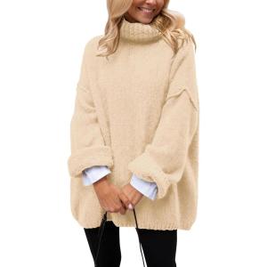 imagePRETTYGARDEN Womens Knit Oversized Sweater Fall Fashion 2024 Casual Long Sleeve Turtleneck Loose Chunky Pullover TopsBeige