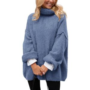 imagePRETTYGARDEN Womens Knit Oversized Sweater Fall Fashion 2024 Casual Long Sleeve Turtleneck Loose Chunky Pullover TopsBlue