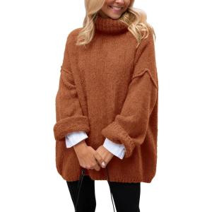 imagePRETTYGARDEN Womens Knit Oversized Sweater Fall Fashion 2024 Casual Long Sleeve Turtleneck Loose Chunky Pullover TopsBrick Red
