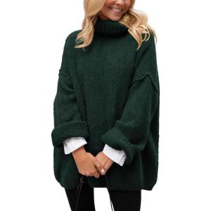 imagePRETTYGARDEN Womens Knit Oversized Sweater Fall Fashion 2024 Casual Long Sleeve Turtleneck Loose Chunky Pullover TopsDark Green