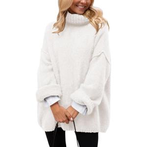 imagePRETTYGARDEN Womens Knit Oversized Sweater Fall Fashion 2024 Casual Long Sleeve Turtleneck Loose Chunky Pullover TopsWhite