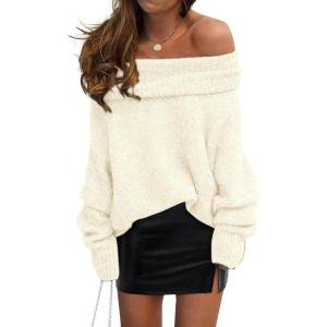 imagePRETTYGARDEN Womens Sweaters Fall Off The Shoulder Long Sleeve Top 2024 Outfits Loose Knitted Winter PulloverBeige White