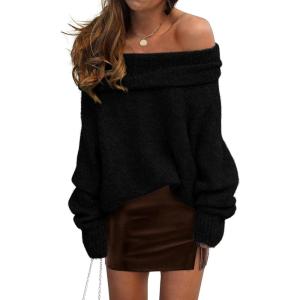 imagePRETTYGARDEN Womens Sweaters Fall Off The Shoulder Long Sleeve Top 2024 Outfits Loose Knitted Winter PulloverBlack