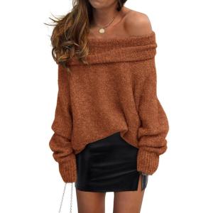 imagePRETTYGARDEN Womens Sweaters Fall Off The Shoulder Long Sleeve Top 2024 Outfits Loose Knitted Winter PulloverBrick Red