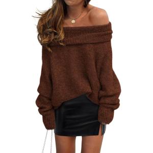 imagePRETTYGARDEN Womens Sweaters Fall Off The Shoulder Long Sleeve Top 2024 Outfits Loose Knitted Winter PulloverCoffee