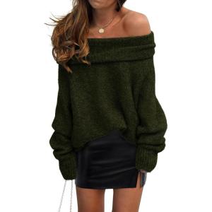 imagePRETTYGARDEN Womens Sweaters Fall Off The Shoulder Long Sleeve Top 2024 Outfits Loose Knitted Winter PulloverDark Army Green