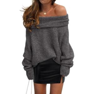 imagePRETTYGARDEN Womens Sweaters Fall Off The Shoulder Long Sleeve Top 2024 Outfits Loose Knitted Winter PulloverDark Grey