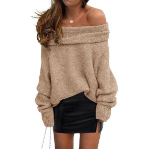 imagePRETTYGARDEN Womens Sweaters Fall Off The Shoulder Long Sleeve Top 2024 Outfits Loose Knitted Winter PulloverKhaki