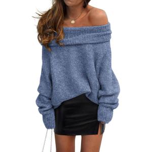 imagePRETTYGARDEN Womens Sweaters Fall Off The Shoulder Long Sleeve Top 2024 Outfits Loose Knitted Winter PulloverMist Blue