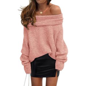imagePRETTYGARDEN Womens Sweaters Fall Off The Shoulder Long Sleeve Top 2024 Outfits Loose Knitted Winter PulloverPink