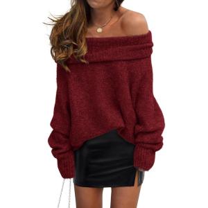 imagePRETTYGARDEN Womens Sweaters Fall Off The Shoulder Long Sleeve Top 2024 Outfits Loose Knitted Winter PulloverWine Red