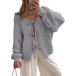 imagePRETTYGARDEN Womens Tie Front Bow Cardigan Sweaters Chunky Knit Long Puff Sleeve Trendy Fall Winter Jacket CoatsGrey