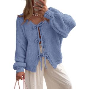 imagePRETTYGARDEN Womens Tie Front Bow Cardigan Sweaters Chunky Knit Long Puff Sleeve Trendy Fall Winter Jacket CoatsMist Blue