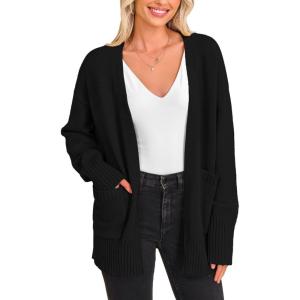imagePRETTYGARDEN Womens 2024 Fall Fashion Knit Cardigan Sweaters Long Sleeve V Neck Open Front Winter Sweater Jacket with ScarfBlack