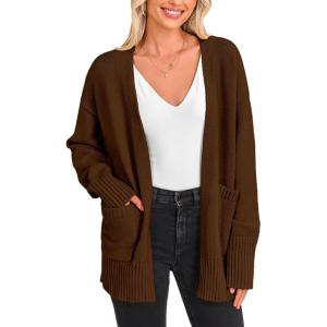imagePRETTYGARDEN Womens 2024 Fall Fashion Knit Cardigan Sweaters Long Sleeve V Neck Open Front Winter Sweater Jacket with ScarfDark Coffee