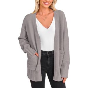 imagePRETTYGARDEN Womens 2024 Fall Fashion Knit Cardigan Sweaters Long Sleeve V Neck Open Front Winter Sweater Jacket with ScarfLight Grey
