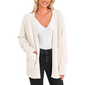 imagePRETTYGARDEN Womens 2024 Fall Fashion Knit Cardigan Sweaters Long Sleeve V Neck Open Front Winter Sweater Jacket with ScarfWhite