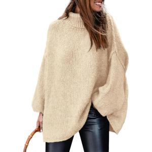 imagePRETTYGARDEN Womens Winter Turtleneck Oversized Sweaters Long Sleeve Chunky Knit Slouchy Pullover Sweater TopsBeige