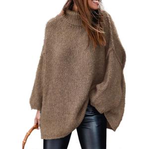 imagePRETTYGARDEN Womens Winter Turtleneck Oversized Sweaters Long Sleeve Chunky Knit Slouchy Pullover Sweater TopsLight Brown
