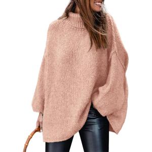 imagePRETTYGARDEN Womens Winter Turtleneck Oversized Sweaters Long Sleeve Chunky Knit Slouchy Pullover Sweater TopsLight Pink