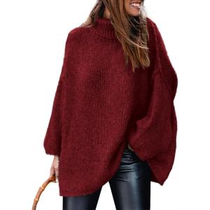 imagePRETTYGARDEN Womens Winter Turtleneck Oversized Sweaters Long Sleeve Chunky Knit Slouchy Pullover Sweater TopsWine Red