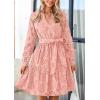 imagePRETTYGARDEN Long Sleeve Dress for Women 2024 Casual Fall V Neck A Line Hollow Out Eyelet Wedding Guest Short DressesPink