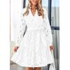 imagePRETTYGARDEN Long Sleeve Dress for Women 2024 Casual Fall V Neck A Line Hollow Out Eyelet Wedding Guest Short DressesWhite