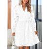imagePRETTYGARDEN Long Sleeve Dress for Women 2024 Casual Fall V Neck A Line Hollow Out Eyelet Wedding Guest Short DressesWhite