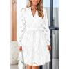 imagePRETTYGARDEN Long Sleeve Dress for Women 2024 Casual Fall V Neck A Line Hollow Out Eyelet Wedding Guest Short DressesWhite