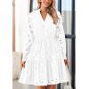 imagePRETTYGARDEN Long Sleeve Dress for Women 2024 Casual Fall V Neck A Line Hollow Out Eyelet Wedding Guest Short DressesWhite