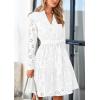 imagePRETTYGARDEN Long Sleeve Dress for Women 2024 Casual Fall V Neck A Line Hollow Out Eyelet Wedding Guest Short DressesWhite