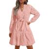 imagePRETTYGARDEN Long Sleeve Dress for Women 2024 Casual Fall V Neck A Line Hollow Out Eyelet Wedding Guest Short DressesPink