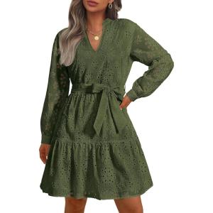 imagePRETTYGARDEN Long Sleeve Dress for Women 2024 Casual Fall V Neck A Line Hollow Out Eyelet Wedding Guest Short DressesArmy Green