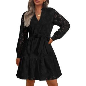 imagePRETTYGARDEN Long Sleeve Dress for Women 2024 Casual Fall V Neck A Line Hollow Out Eyelet Wedding Guest Short DressesBlack