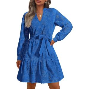 imagePRETTYGARDEN Long Sleeve Dress for Women 2024 Casual Fall V Neck A Line Hollow Out Eyelet Wedding Guest Short DressesBrilliant Blue