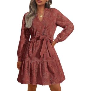 imagePRETTYGARDEN Long Sleeve Dress for Women 2024 Casual Fall V Neck A Line Hollow Out Eyelet Wedding Guest Short DressesBrown Red