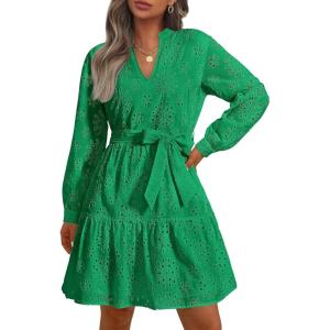 imagePRETTYGARDEN Long Sleeve Dress for Women 2024 Casual Fall V Neck A Line Hollow Out Eyelet Wedding Guest Short DressesGreen