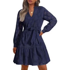imagePRETTYGARDEN Long Sleeve Dress for Women 2024 Casual Fall V Neck A Line Hollow Out Eyelet Wedding Guest Short DressesNavy