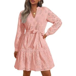 imagePRETTYGARDEN Long Sleeve Dress for Women 2024 Casual Fall V Neck A Line Hollow Out Eyelet Wedding Guest Short DressesPink