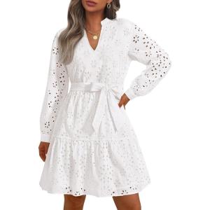 imagePRETTYGARDEN Long Sleeve Dress for Women 2024 Casual Fall V Neck A Line Hollow Out Eyelet Wedding Guest Short DressesWhite