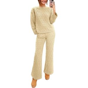 imagePRETTYGARDEN Womens 2 Piece Outfits Fall Fashion Clothes Quilted Long Sleeve Tops Wide Leg Pants Matching Lounge SetsBeige