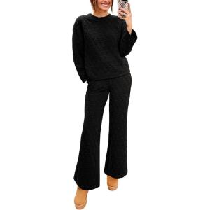 imagePRETTYGARDEN Womens 2 Piece Outfits Fall Fashion Clothes Quilted Long Sleeve Tops Wide Leg Pants Matching Lounge SetsBlack
