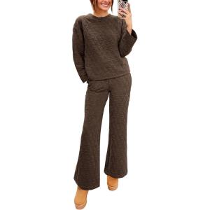 imagePRETTYGARDEN Womens 2 Piece Outfits Fall Fashion Clothes Quilted Long Sleeve Tops Wide Leg Pants Matching Lounge SetsCoffee