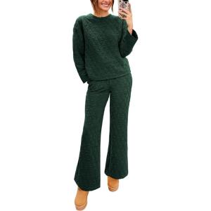 imagePRETTYGARDEN Womens 2 Piece Outfits Fall Fashion Clothes Quilted Long Sleeve Tops Wide Leg Pants Matching Lounge SetsDark Green