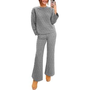 imagePRETTYGARDEN Womens 2 Piece Outfits Fall Fashion Clothes Quilted Long Sleeve Tops Wide Leg Pants Matching Lounge SetsLight Grey