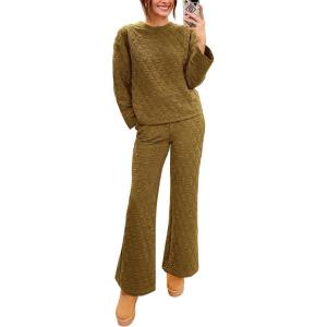 imagePRETTYGARDEN Womens 2 Piece Outfits Fall Fashion Clothes Quilted Long Sleeve Tops Wide Leg Pants Matching Lounge SetsOlive Green