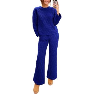 imagePRETTYGARDEN Womens 2 Piece Outfits Fall Fashion Clothes Quilted Long Sleeve Tops Wide Leg Pants Matching Lounge SetsRoyal Blue