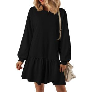 imagePRETTYGARDEN Womens Fall Patchwork Sweatshirt Dress Casual Long Sleeve Crewneck Pullover Cute Babydoll Mini DressesBlack