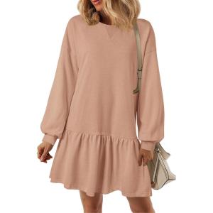 imagePRETTYGARDEN Womens Fall Patchwork Sweatshirt Dress Casual Long Sleeve Crewneck Pullover Cute Babydoll Mini DressesNude Pink